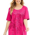 Catherines Women's Plus Size Slub Knit Sparkling Sequin Tee pink burst palm tree Photo 0