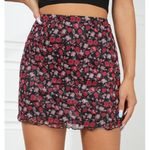 SheIn Red Floral Print Lettuce Trim Mesh Bodycon Lined High Waist Skirt Size XL Photo 1