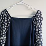 Cato  Size L/XL navy blue ribbed knit top with sheer daisy-print sleeves Photo 6