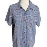 Quacker Factory  Shirt Womens Medium Blue Gingham Crab Jeweled Print Button Up Photo 0