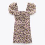 ZARA NWT  Draped Ruched Puff Sleeves Floral Lilac Bodycon Mini Dress Milkmaid XS Photo 2