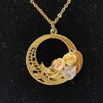 Pink Porcelain Rose Pendant Necklace gold chain 2 sets of Earrings yellow purple Photo 9