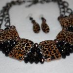 Leopard Print Stone/Black Bead Statement Necklace With Matching Hook Earrings Black Photo 2