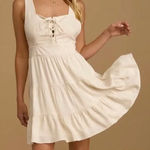 Lulus Wondrous Ways Oatmeal Beige Lace-Up Ruffle Tiered Sleeveless Mini Dress XL Photo 0