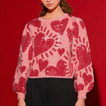 Farm Rio  Pink Hearts Sequin Sweater Size Large Pink Red Valentines Day Heart Photo 0
