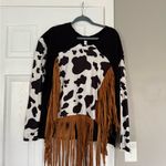 Reworked Clothing Cow Print Fringe Long Sleeve Top Rodeo Western Cowgirl Black Photo 5