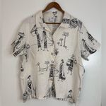 Hot Cotton vintage linen short sleeve, black & white print, button down shirt. M Size M Photo 0