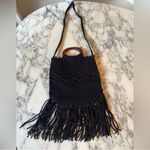Danielle Nicole EUC Black Crochet Macrame Boho Bag with Fringe & Wooden Handle Photo 2