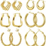 Gold Hoop Earrings Set for Women, 6 Pairs 18K Gold Earrings Hypoallergenic Hoop Earrings Lightweight Twisted Huggie Earring Hoops for Gift Photo 0