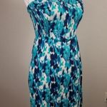 Free People  Strapless Blue & Teal Abstract Print Mini Dress With Smocked Back Photo 5