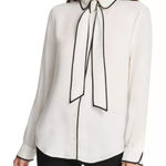 DKNY  Piped-Trim Tie Detail Button-Up Blouse Women's XS White/Black Long Sleeve Photo 0