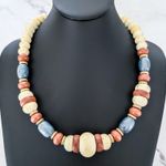 Vintage Necklace 1980's Cream Brown Blu Gold Tone Chunky Statement Necklace Photo 0