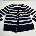 Misook Exclusively  Striped Navy Blue‎ White Medium Ruffle Snap Front Cardigan Photo 0