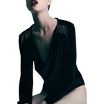 ZARA Black Velvet Witchy Cowl Neck Bodysuit Size L Rhinestone Fringe Long Sleeve Photo 1