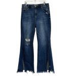 Risen High Rise Front Slit Frayed Hem Flare Jeans Size 1XL Bohemian Hippie Retro Blue Photo 2