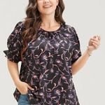 Bloomchic  Floral Print Puff Sleeve Round Neck Ruffle Trim Blouse Black 30 Photo 0