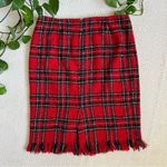 André Oliver Vintage 90s Wool Blend Boucle Knit Plaid Knee Length Fringe Skirt Photo 4