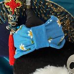 Blue Bow Headband with White & Yellow Floral Embroidery Photo 0