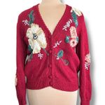 Vintage 90s Herman Geist Hand Embroidered Floral Knit Cardigan Sweater Red Crop Size M Photo 1