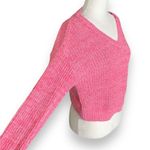 BP  V-Neck Sweater Vibrant Pink Marled Knit Cropped Loose Weave Pullover XS Photo 3