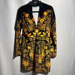 Anthropologie By Long Sleeve Printed Velvet Mini Dress Black Yellow Motif S NWT Photo 2