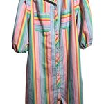 VTG Rainbow Stripe Snap Button Midi Shirt Dress Puff Sleeves Model Coat Pastel L Pink Size L Photo 0
