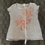 Sunday women's S top black/white stripe with floral cap sleeves scoop neck EUC Photo 1