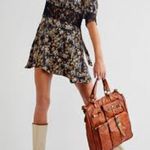 Free People Floral Mini Dress Lace Trim Puff Sleeve Tie Back Black Gold 4 Photo 6