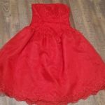 DAZZLING RED FIT N FLARE GOWN STRAPLESS LACE OVERLAY FULL ZIP BACK EMBROIDERED Size 10 Photo 0