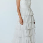 Mac Duggal  White And Gold Polka Dot One Shoulder Tiered Dress  Size 0 Photo 0