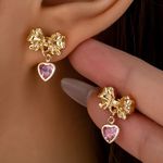 Gold Bow Drop Earrings with Pink Heart Crystals Cute Coquette Jewelry NWT Photo 1