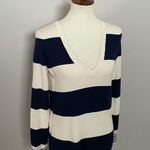 Madewell Wallace Dress Sweater Striped Button Back Plunge V Neck Navy Blue Cream Photo 1