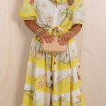Boutique  1X Maggie Floral Maxi Dress Tropical Tired Puff Sleeve Yellow Womens Photo 0