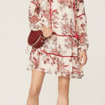 GREAT JONES Boho Floral Print Tiered Mini Dress Tassels Velvet Trim SIZE L Red Size L Photo 0