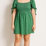 American Eagle  Green Floral Smocked Dress Size S Puff Sleeves Tie Detail Photo 0