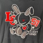 Vintage Lucky Charm Bunny Hoodie Black Varsity Patch‎ Graphic S Y2K Style Gray Photo 1