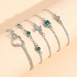NEW 5pcs Silver Bracelet Set – Green Rhinestone Heart, Butterfly & Infinity Photo 1