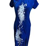 Vtg 1990s Cobalt Blue Velvet Floral Glitter Chinese Cheongsam Qipao Maxi Dress M Size M Photo 1