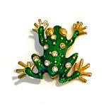 American Vintage FROG BROOCH PIN 1.25" Enameled Gold Green Crystal Rhinestones Photo 1