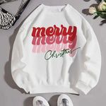 Women’s L/G White Holiday Crewneck Merry Christmas Red Print Unisex Large NEW Photo 0
