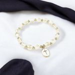 White‎ Stylish Elastic Beaded Cross Charm Bracelet Enamel Oval Cross Bead Accent White Photo 2
