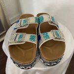 Chunky Silver Blue Rhinestone Beaded Bedazzled Platform Sandal Slides 10 10.5 Photo 2