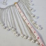 Statement Silver Bib Tassel Necklace with Rhinestones and Pearls Earrings Set Photo 9