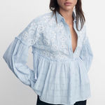 ZARA Embroidered Blue Baby Doll Top Photo 0