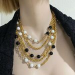 St. John Vintage Black/White Beaded Multi Strand Layered Gold tone Chain Necklace Photo 1