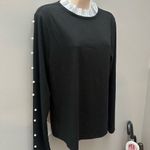 Elegant Black Top with Pearl & Pleated Victorian Neck Trim Accents Size L Photo 2