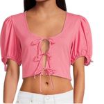 Free People  Pink Kitty Tee Cropped Puff Short Sleeve Tie Front Top Womens Small Photo 2