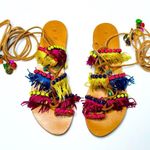 Elina Linardaki Greek Lace Up Gladiator Beaded Fringe Flat Sandal Shoe Size 10 Pink Photo 0