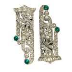 1930s Art Deco Rhinestone Dress Clips Pair w/ Emerald Glass Cabochons Shoe Clips Silver Photo 4