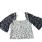 Free People  XL Oversized Bell Sleeve Smocked Crop Top Blue Ditzy Floral Coquette Photo 2